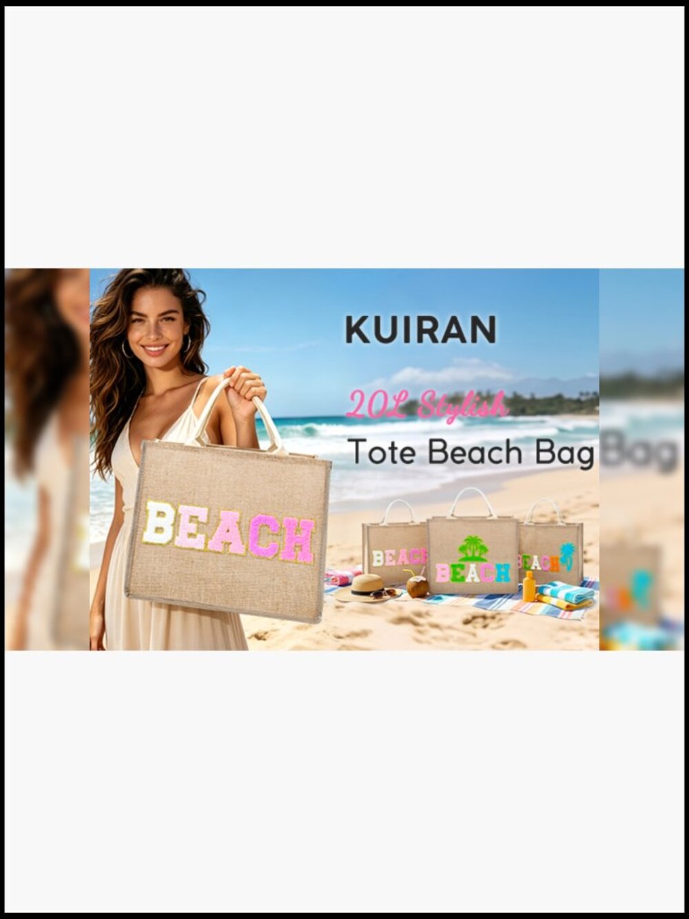 Large Woven Straw Tote Beach Bag with Chenille Patches Water-Resistant Lining - Picture 7 of 7